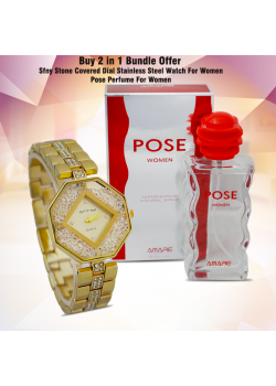 Buy 2 In 1 Bundle Offer, Sfny Stone Covered Dial Stainless Steel Watch For Women, Pose Perfume For Women, P443